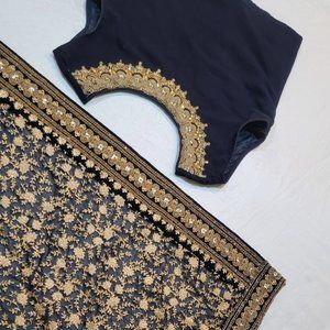 Indian ethnic wedding partywear salwar kameez dress navy blue womens size S/M